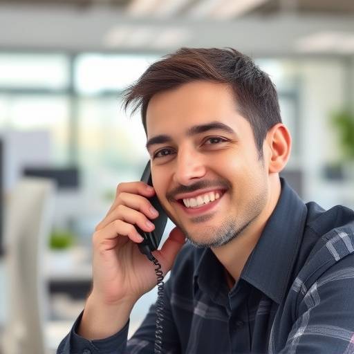 Persona sonriendo mientras habla por teléfono, un lugar de trabajo